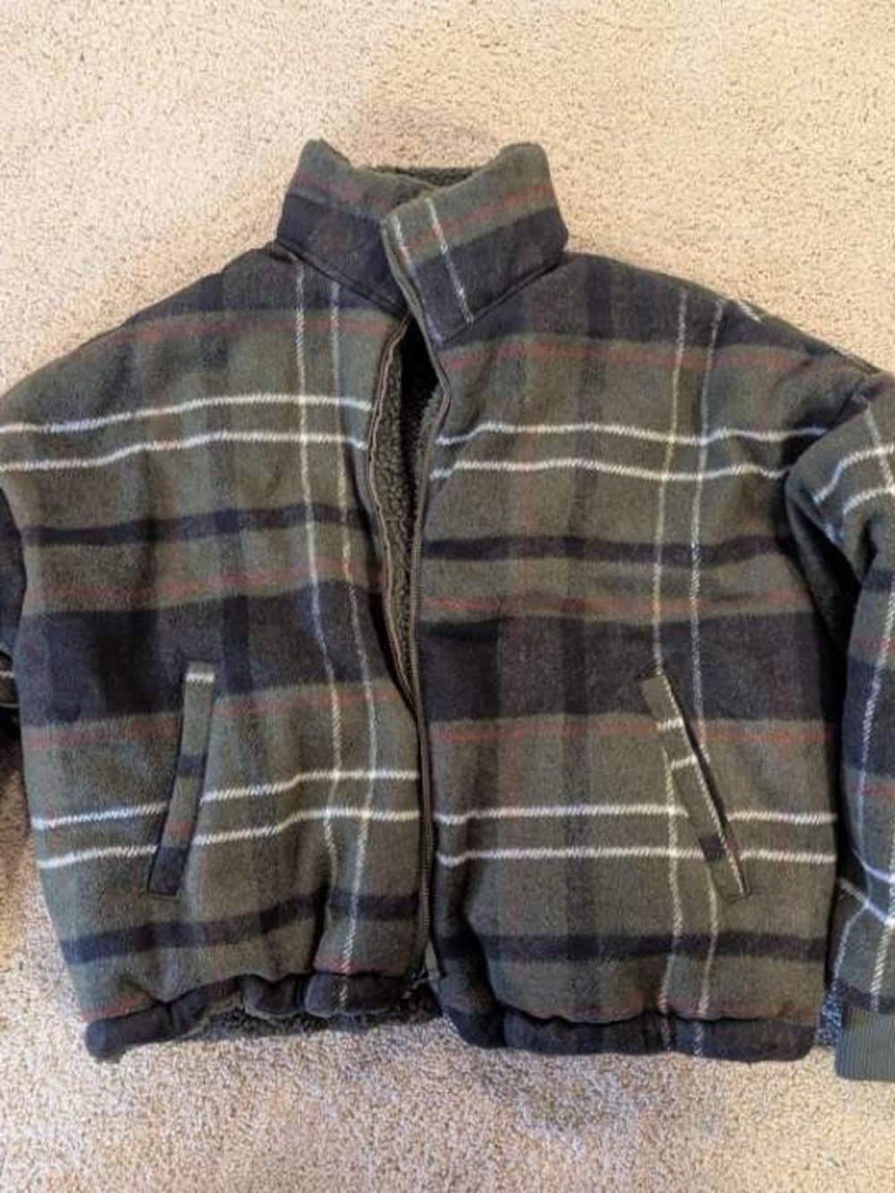 Women’s Olive Plaid Puffer Jacket - Insulated Zip Front